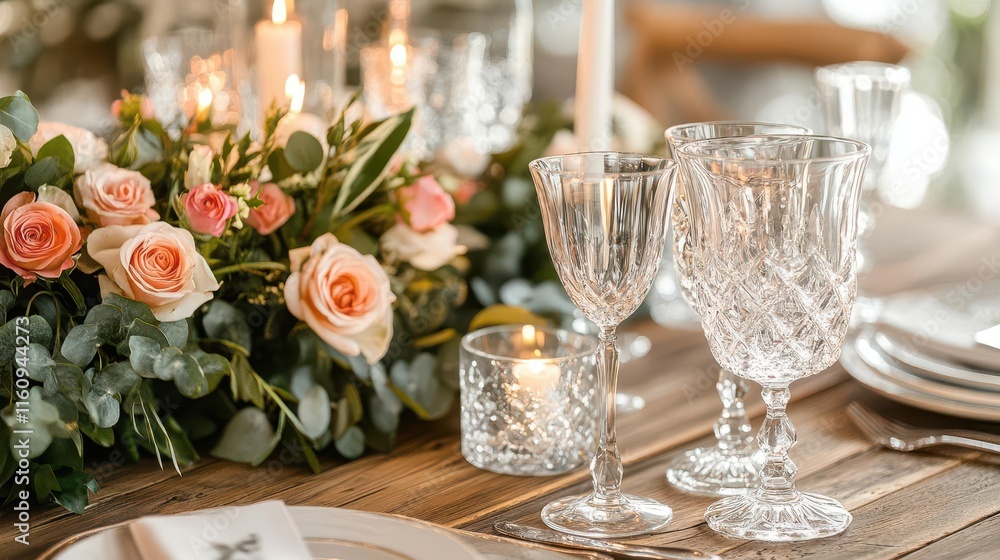 romantic valentine's evening table setting with fresh rose bouquet, crystal wine glasses, flickering candlelight and vintage wooden table ambiance romantic valentine's evening table setting with fresh rose bouquet, crystal wine glasses, flickering candlelight and vintage wooden table ambiance