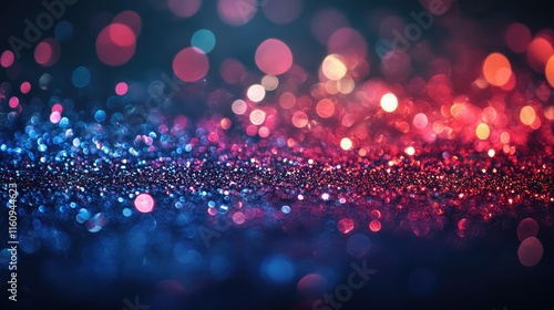 Abstract background with glowing particles and bokeh lights in blue, pink and purple colors, with gold glitter and sparkle design in holiday style, party invitation.