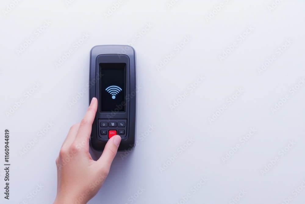 Hand Pressing Wi-Fi Button on Modern Device for Connectivity Hand Pressing Wi-Fi Button on Modern Device for Connectivity