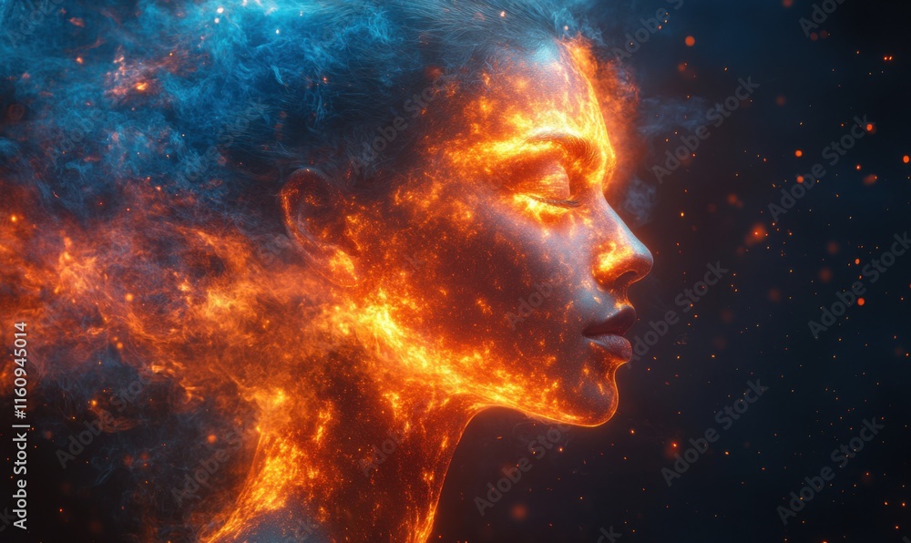 Woman's face illuminated by fiery colors in a surreal artistic composition Woman's face illuminated by fiery colors in a surreal artistic composition