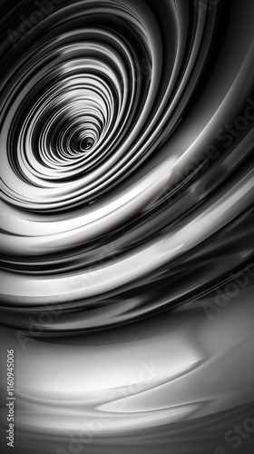 Abstract black and white swirling pattern with smooth, reflective curves, ideal for backgrounds.