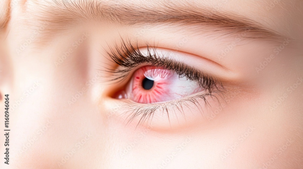 Close-up of a human eye with a striking red iris. Close-up of a human eye with a striking red iris.