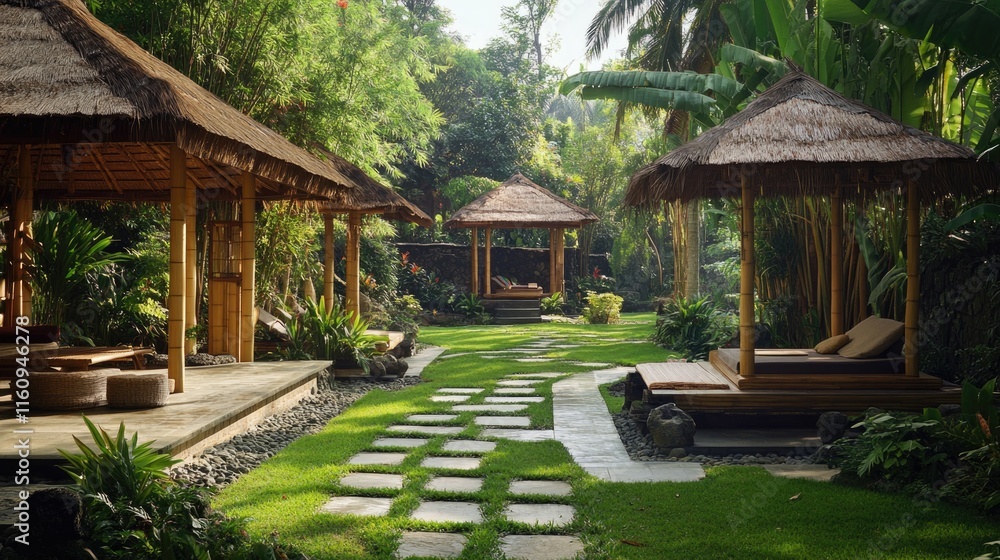 Lush garden retreat features wooden pavilions and stone pathways Lush garden retreat features wooden pavilions and stone pathways