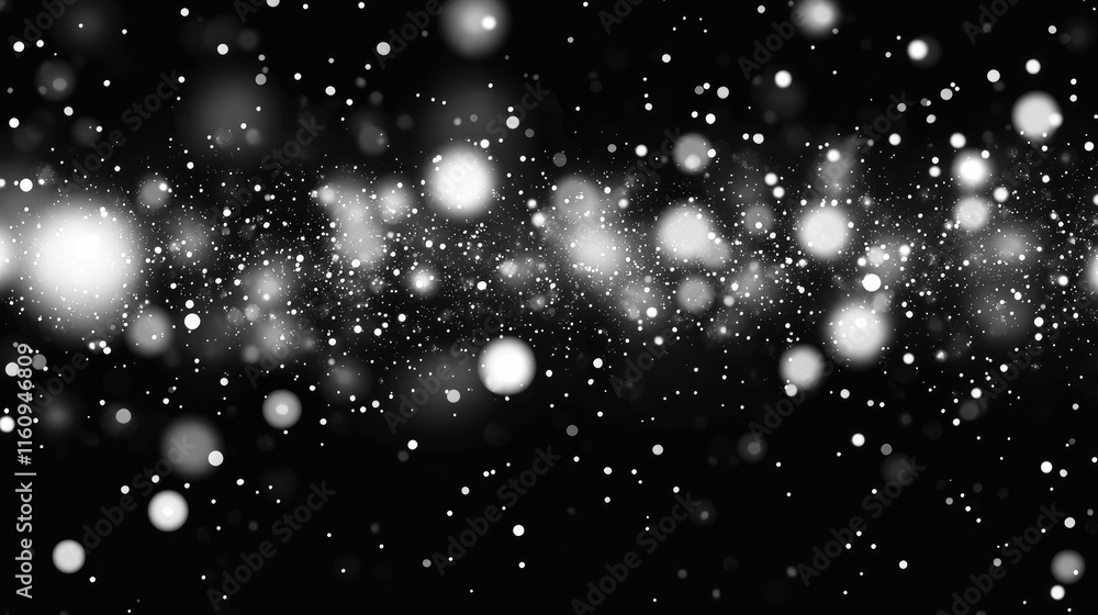 Fototapeta premium Blurred white lights bokeh on black background. Bokeh pattern overlay for holiday design card, invitation, greeting, website banner. Modern abstract design.