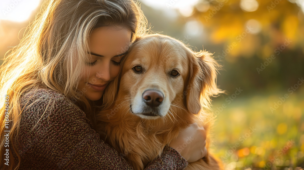 Golden Retriever and Woman Hugging in Autumn Light Golden Retriever and Woman Hugging in Autumn Light