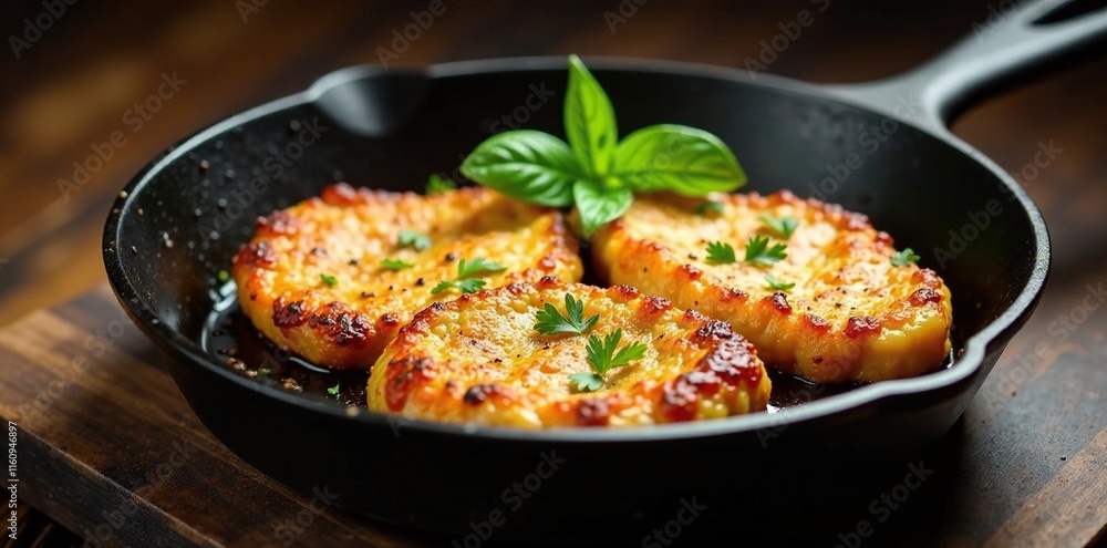 Sizzling Wiener Schnitzel in a cast-iron skillet, schnitzel, cookware Sizzling Wiener Schnitzel in a cast-iron skillet, schnitzel, cookware