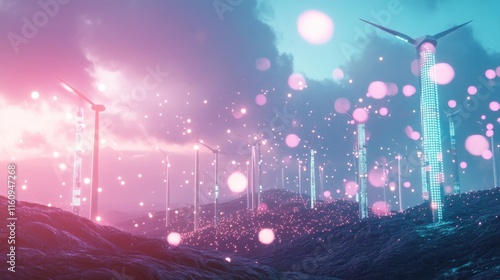 Futuristic wind turbines on a pink and blue landscape with glowing particles. photo