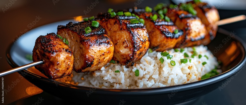 A plate of food with rice and meat on skewers A plate of food with rice and meat on skewers
