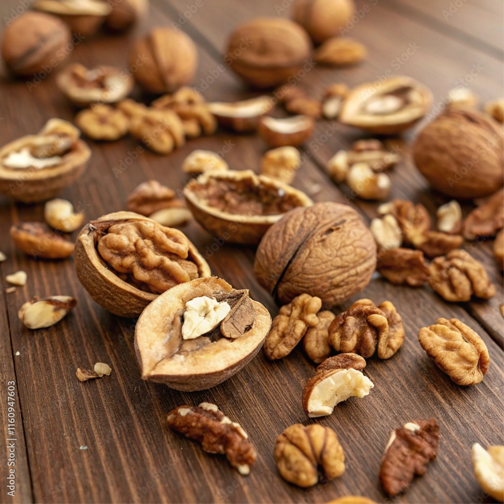 Natural display of whole and shelled walnuts with sharp focus on textures Natural display of whole and shelled walnuts with sharp focus on textures