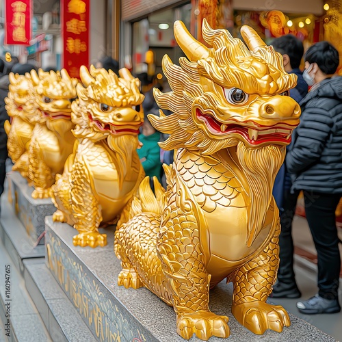 Temple Ceremonies and Offerings During Lunar New Year Golden dragon sculptures in a bustling market. photo