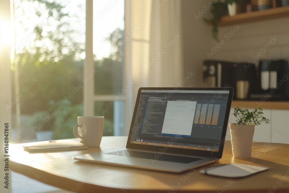 custom made wallpaper toronto digitalOpen laptop with a bright screen on a wooden desk in a minimalist interior, natural light streaming from a nearby window, creating a clean and professional atmosphere Generative AI