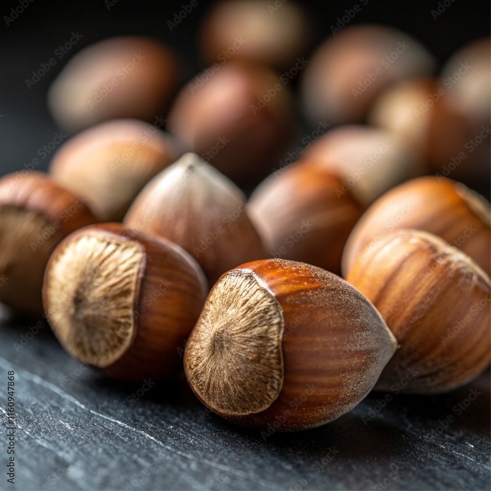 Artistic display of hazelnuts emphasizing their round shape and smooth texture Artistic display of hazelnuts emphasizing their round shape and smooth texture