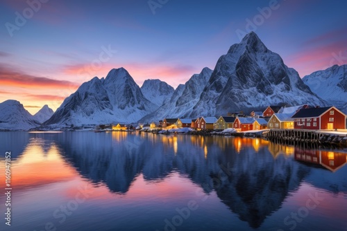 mountains are reflected in the water of a small town