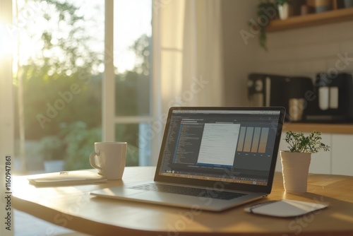 Wallpaper Mural Open laptop with a bright screen on a wooden desk in a minimalist interior, natural light streaming from a nearby window, creating a clean and professional atmosphere Generative AI Torontodigital.ca