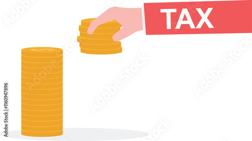 people take coins from pile with tax label, metaphor of paying taxes

