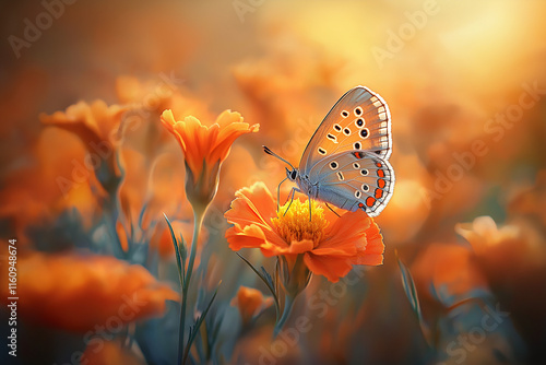 Bunte Schmetterlinge in blühendem Blumenfeld bei Sonnenuntergang

 photo