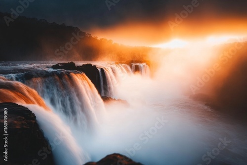 A breathtaking sunrise over IguazÃº Falls, with light beams piercing through the mist and illuminating the cascading water