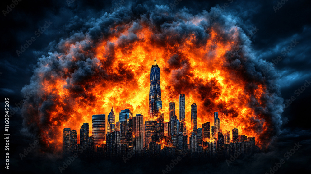 dramatic city skyline engulfed in flames and smoke, showcasing fiery explosion against dark, stormy sky. intense colors create striking visual impact dramatic city skyline engulfed in flames and smoke, showcasing fiery explosion against dark, stormy sky. intense colors create striking visual impact