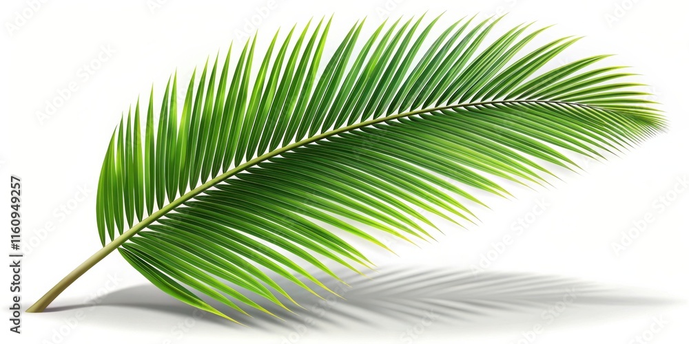 Obraz premium A single palm frond with long, narrow leaves extends gracefully towards the right, casting a delicate shadow on a white background.