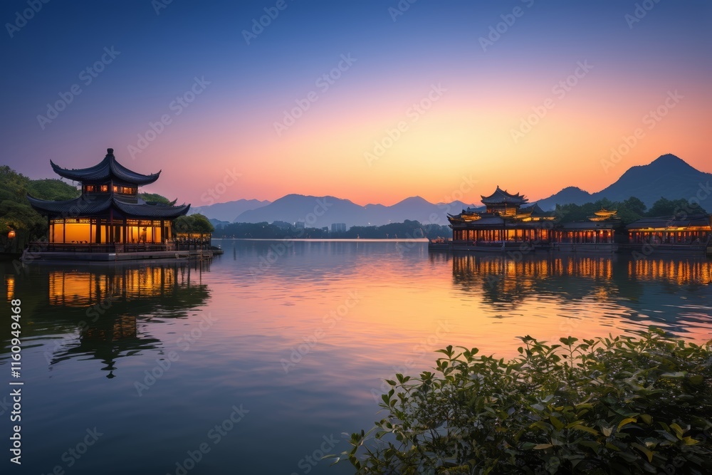 Obraz premium boats are floating on the water at sunset near a pagoda