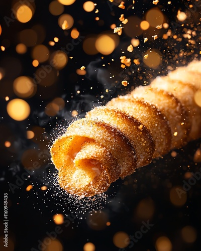 Hungarian chimney cake sprinkled with cinnamon sugar, Budapest s Christmas market illuminated at night photo