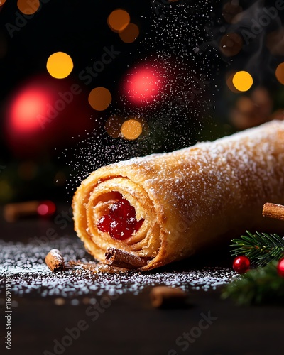 Hungarian chimney cake sprinkled with cinnamon sugar, Budapest s Christmas market illuminated at night photo