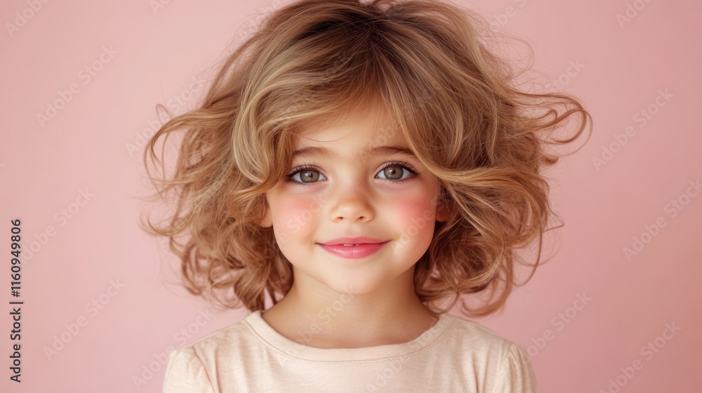 Cute Smiling Child Girl Portrait on Pastel Pink Background with Copy Space Cute Smiling Child Girl Portrait on Pastel Pink Background with Copy Space