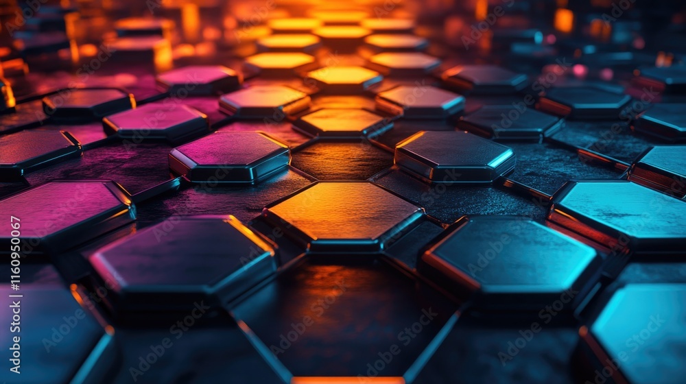 Hexagonal patterns create mesmerizing surface with vibrant neon Hexagonal patterns create mesmerizing surface with vibrant neon