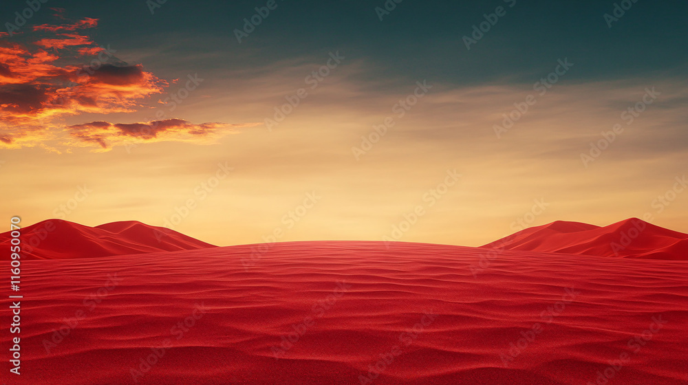Obraz premium Vibrant red dunes create stunning landscape under dramatic sky at sunset. natural beauty evokes sense of tranquility and wonder in this serene environment