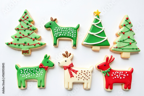 holiday cookies shaped like christmas trees animals decorated watercolor icing white photo