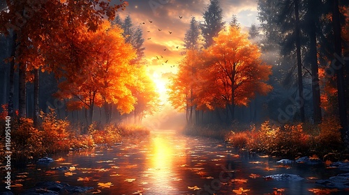 Golden Light Creating Magic Along Autumn Forest Path Photo