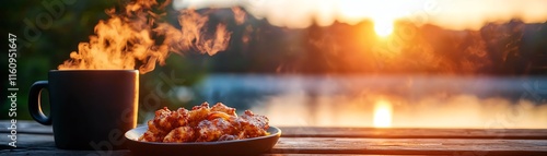 Jamaican tamarind hot sauce served with jerk chicken, island hut overlooking a sunsetlit ocean photo