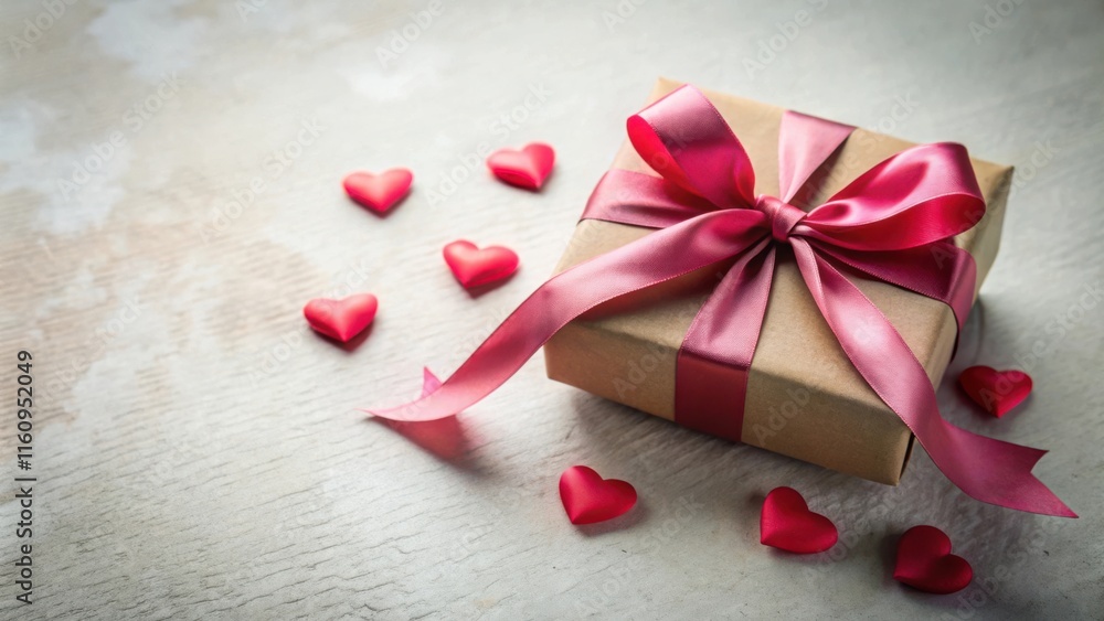 A brown gift box wrapped with a delicate pink satin ribbon and surrounded by scattered red hearts on a textured background. A brown gift box wrapped with a delicate pink satin ribbon and surrounded by scattered red hearts on a textured background.