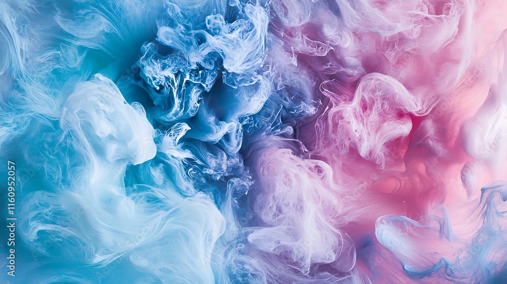 Fototapeta premium The image is a colorful, abstract painting of smoke with blue, pink