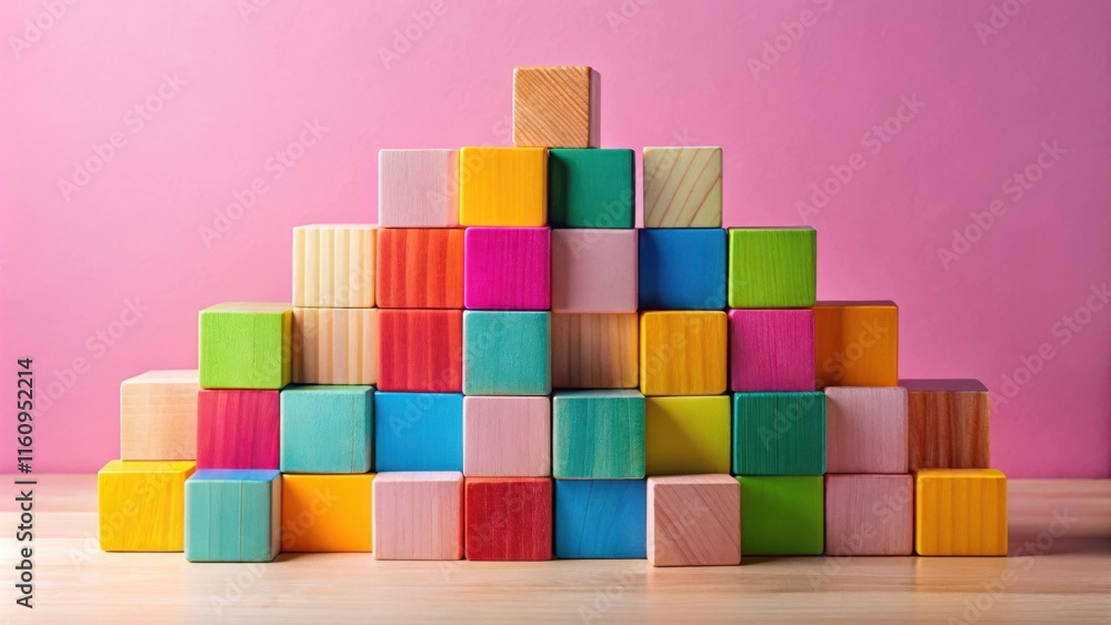 A Colorful Stack of Wooden Building Blocks in a Pyramidal Shape on a Light Wooden Tabletop Against a Pink Background A Colorful Stack of Wooden Building Blocks in a Pyramidal Shape on a Light Wooden Tabletop Against a Pink Background