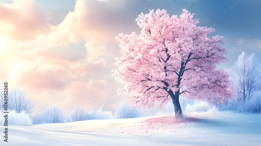 A magnificent and beautiful cherry blossom tree standing alone, with a beautiful view of the winter season A magnificent and beautiful cherry blossom tree standing alone, with a beautiful view of the winter season