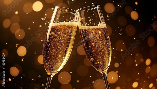 Golden Champagne Glasses Splashing Effervescent Bubbles for New Year, birthday, or other celebrations