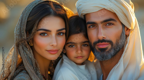 Close-up family portrait featuring an Emirati man, woman, and child wearing traditional attire in natural lighting photo