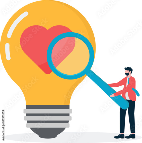 A man looks at a heart in a lamp glass through a magnifying glass, an illustration of looking for passion.

