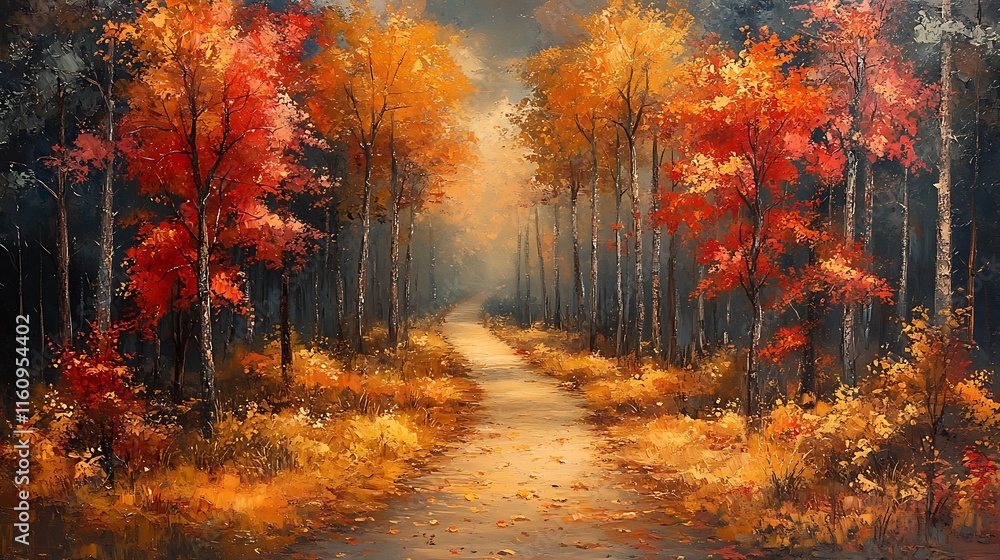 Golden Path Illuminated by Radiant Vibrant Trees in Scenic Background Golden Path Illuminated by Radiant Vibrant Trees in Scenic Background
