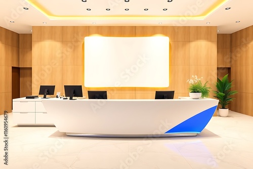 Modern Reception Desk with Blank Canvas: A sleek and contemporary reception desk with a blank canvas for your branding or message, perfect for creating a welcoming and professional first impression.