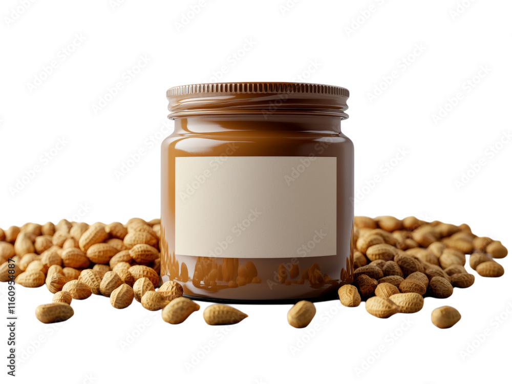 Glass Jar of Creamy Nut Spread Surrounded by Nuts Isolated on transparent background Glass Jar of Creamy Nut Spread Surrounded by Nuts Isolated on transparent background