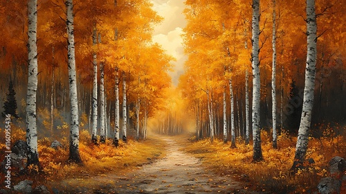 Golden Pathway Illuminated by Sunlight Trees in Captivating Autumn Background