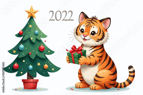 new year tiger cat holds gifts near christmas tree white background symbol watercolor style photo