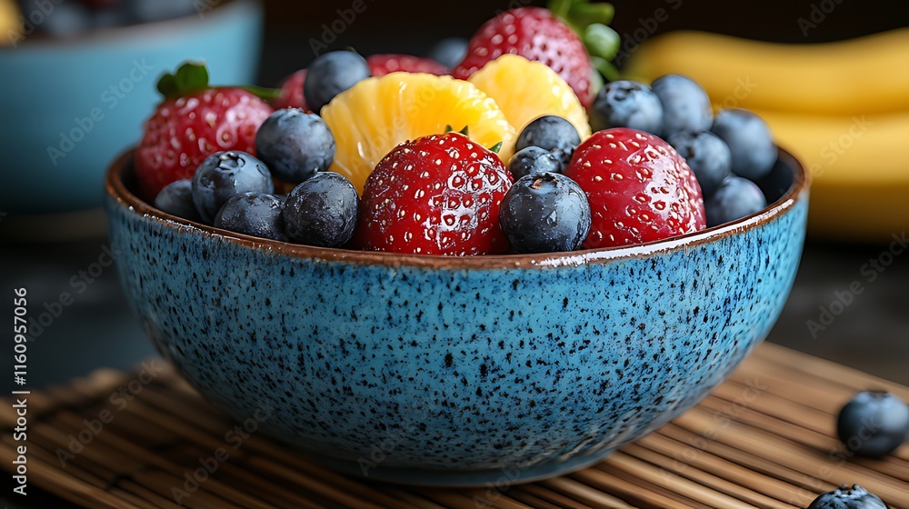 Fresh fruit salad in a blue bowl with strawberries, blueberries, and pineapple. Fresh fruit salad in a blue bowl with strawberries, blueberries, and pineapple.