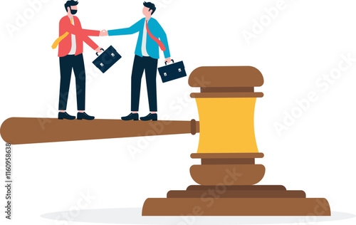 Two men shaking hands in front of legal gavel and pile of coins, illustration for legal bribery.

