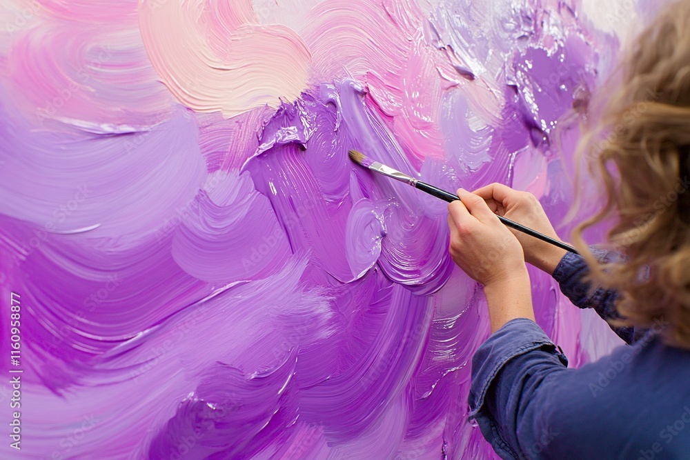 Woman's hands painting a large abstract canvas with purple, pink, and white acrylic paint using a brush. Woman's hands painting a large abstract canvas with purple, pink, and white acrylic paint using a brush.