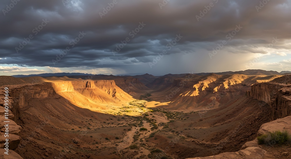 Fototapeta premium Dramatic canyon landscape. Golden hour sunlight in desert valley. Stormy clouds. Mountains.