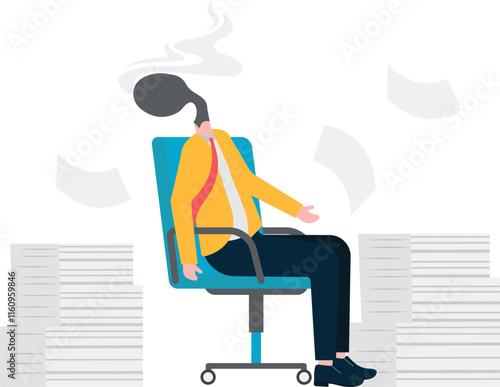 The man sits exhausted on a chair, his head turned into a smoking matchstick, an illustration of exhaustion.
