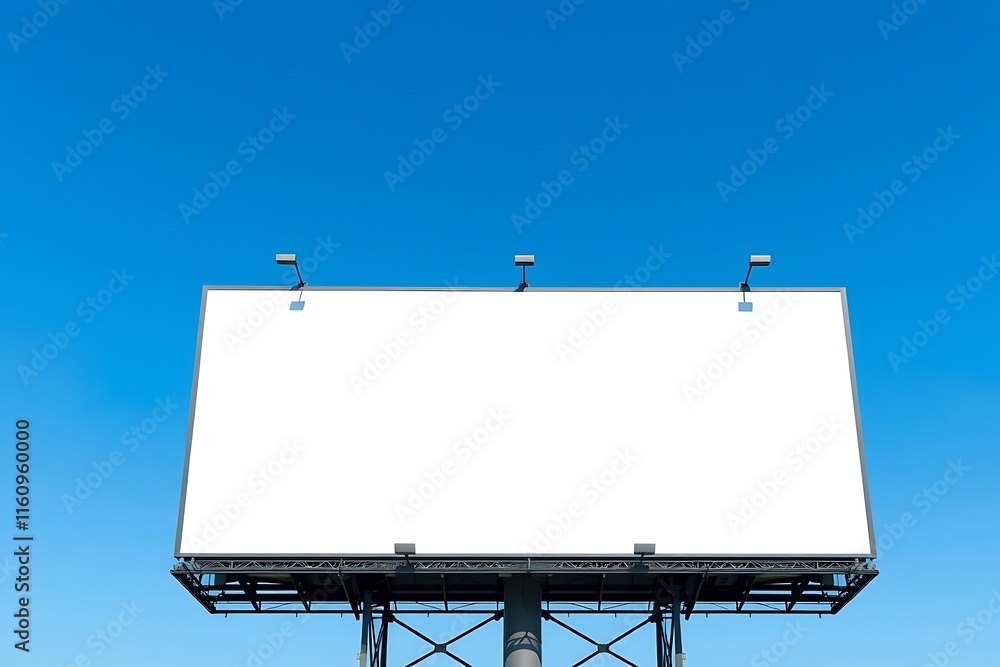 Blank Billboard Under Blue Sky: A towering blank billboard stands tall against a vibrant blue sky, ready to showcase your message. This versatile mockup is perfect for advertising, branding. Blank Billboard Under Blue Sky: A towering blank billboard stands tall against a vibrant blue sky, ready to showcase your message. This versatile mockup is perfect for advertising, branding.